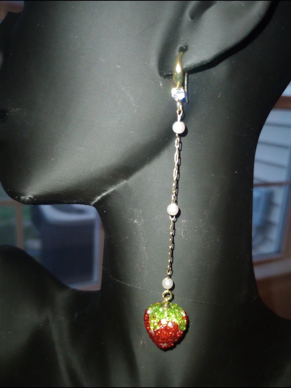 Gold Tone Crystal  Strawberry Drop Earrings with Faux Pearl And Gem Accent